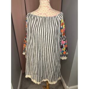 EUC Philosophy Gray White Stripe Linen Blend Off Shoulder Dress Embroidered Boho